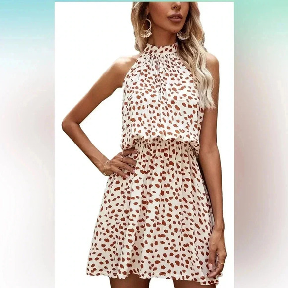 NEW Halter Neck Rayon Dress Summer Sleeveless Leopard Print Mini Beach Sundress - Picture 1 of 3